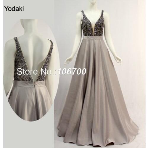 Bling Hand Make Crystal Beaded Prom Dresses 2018 Ballgown Sleeveless Deep V Neck Plunging Back Pleat Ruched Long Party Evening