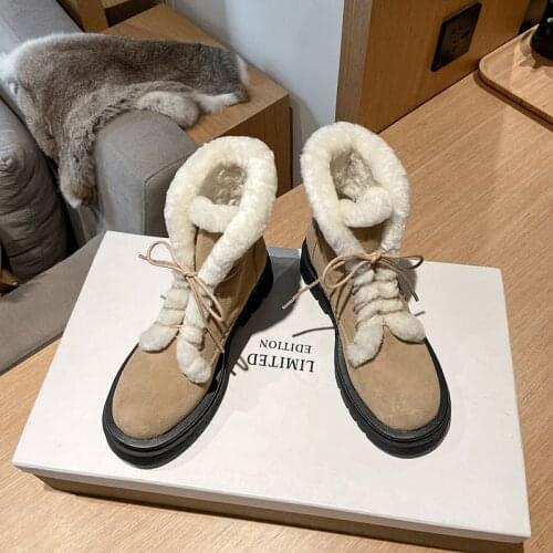 Genuine Leather Snow Boots Women Lace-Up Nature Wool Warm Winter Boots Female Lace Up Fashion Ankle Boots