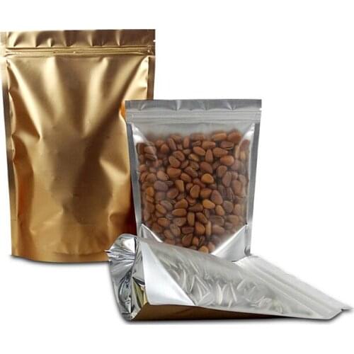 Gold Rear Clear Front Pure Aluminum Foil Stand Up Pouch Zip Lock Zipper Bag Dried Food Tea Packag