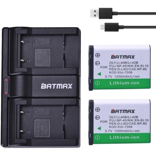 Batmax 2Pcs 1200mAh LI-42B Li-40B LI42B Li 42B 40B Batteries + Dual USB Charger for OLYMPUS U700 U710 FE230 FE340 FE290 FE360