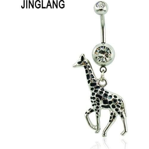 JINGLANG Body Jewelry Belly Button Rings 316L Stainless Steel Barbells Dangle Black Enamel Retro Giraffe Navel Piercing Rings