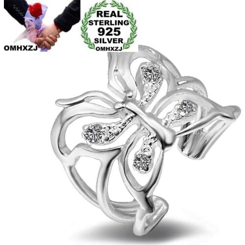 OMHXZJ Wholesale Personality Fashion OL Woman Girl Party Wedding Gift White Butterfly AAA Zircon 925 Sterling Silver Ring RN157