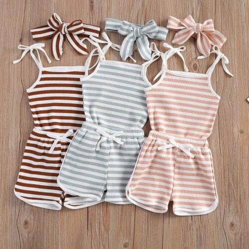 0-4Y Toddler Kids Baby Girl Striped Clothes Sleeveless Strap Tank Tops Shorts Pant Bottom headband 3PCS Summer Clothing Set