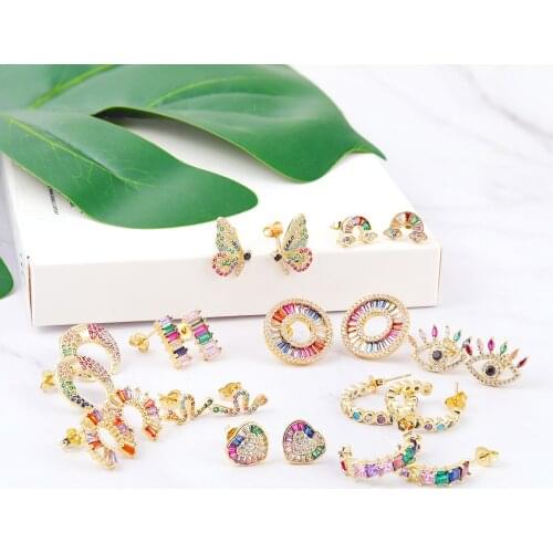 Luxury Gold Color Random Rainbow CZ Womens Earring Heart Butterfly eyes horseshoe snake Stud Earrings for women Jewelry Gift