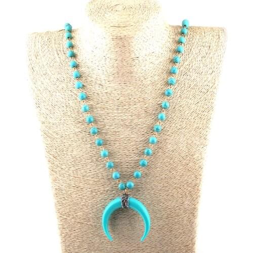 MOODPC Fashion Bohemian Tribal Artisan Jewelry Blue Stone gold needle moon charm pendant Necklace