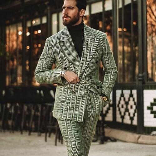 YIWUMENSA Double Breasted Jacket With Pants Winter Herringbone Groom Wear Custom Made Tweed Wool Peacked Lapel Blazer Prom Party
