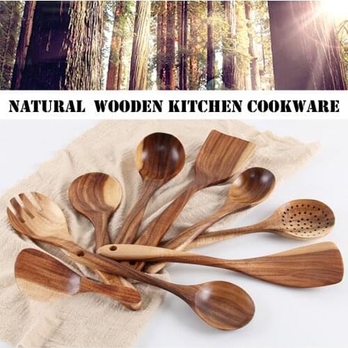 9pcs Natural Wooden Kitchen Cookware Accessories Teak Wood Cooking Spatula Spoon Colander Utensils Set for Non-Stick Pan