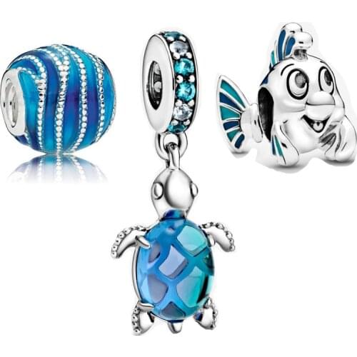 New Classic 925 Sterling Silver Murano Glass Sea Turtle Dangle Charm Fit pandora Bracelet necklace Blue charm set DIY jewelry