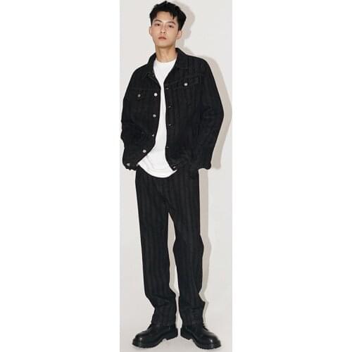 2021 Autumn New Denim Suits Stripe Trend Casual Handsome Two-piece Set Mens Black Blazer + Suit Jeans Pants