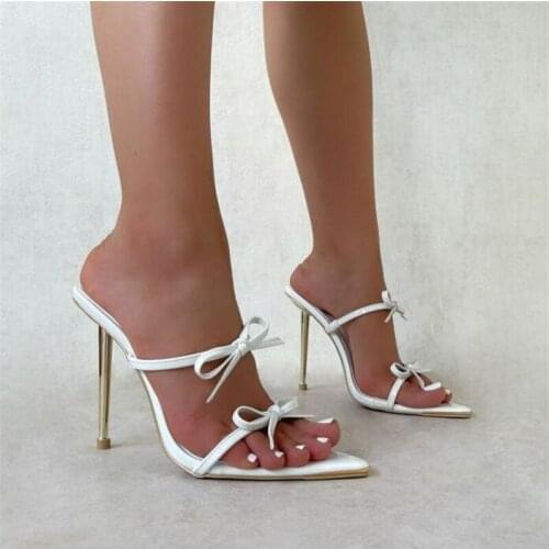 New Women Slippers 2021 Metal High Heels Sexy Pointed Toe Fashion Sweet Bow Wedding Party Shoes For Lady White Black