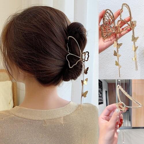 Hollow Out Butterfly Hair Claw Pearl Tassel Hair Pins For Women Girl Vintage Metal Gold Color Hair Clip Jewelry Accessories New