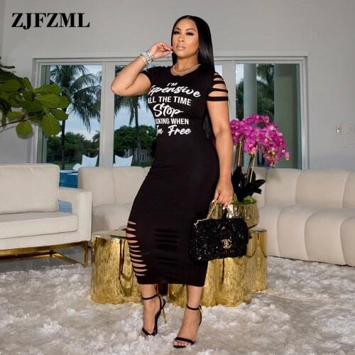 Black White Letter Print T-shirt Dresses for Women Hollow Hole Short Sleeve Sheath Dress Casual Female Body-shaping Maxi Robe