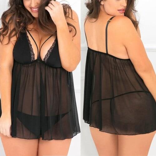 Transparent New Plus Size Women Lace Sexy Passion Lingerie Deep V Halter Babydoll G-string Dress Pajamas Set 2 Pieces Underwear
