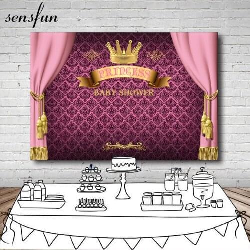 Sensfun Pink Curtain Princess Baby Shower Backdrop For Photo Studio Gold Crown Girls Birthday Party Photography Backgrounds