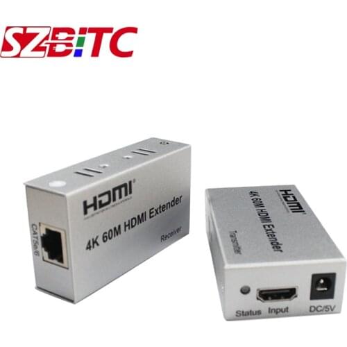 SZBITC 4K HDMI Extender 60m Extension Full HD 3D HDMI Splitter Cat5e/6 RJ45 Ethernet Cable Transmitter Receiver