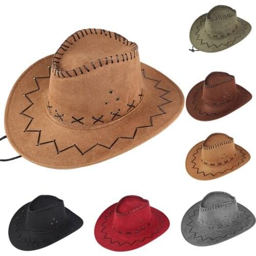 Unisex Adult West Cowboy Hat Grassland Sunshade Cap Faux Leather Splicing Cool Retro Models Multiple Colors Hollow Side Cap