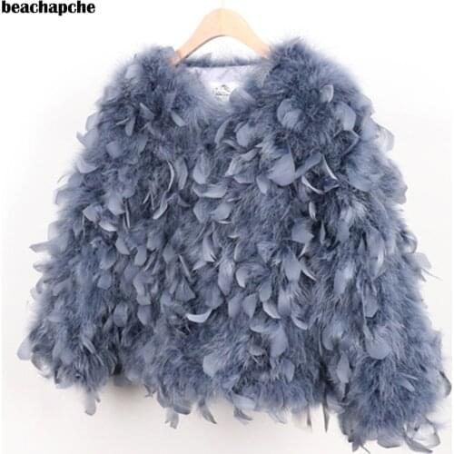 Beachapche Fashion Autumn Winter Patchwork Women Ostrich Feather Short Real Fur Coat Genuine Natural Jacket