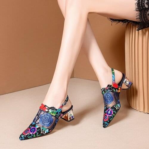 QZYERAI Summer New Product Women Pointed Sandals Fashion Genuine Leather Womens Shoes Cowhide Printing High-heeled Sandals