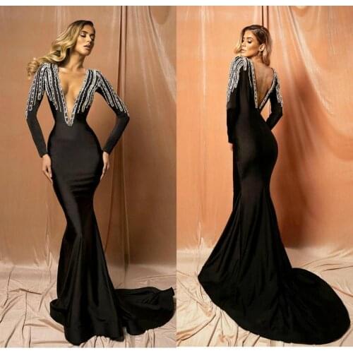 Dubai Black Beaded Evening Dresses V Neck Satin Women Formal Party Gowns Arabic Prom Dress Long Sleeve Robe De Soiree 2020