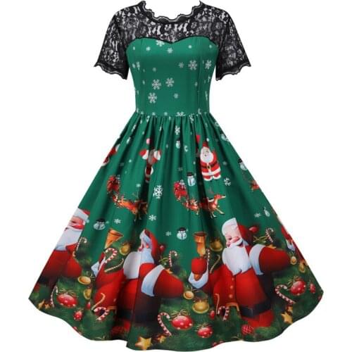 2021 Holiday Santa Claus Print Elegant Women Lace Short Sleeve Vintage Pleated Dress Plus Size 3XL Robe Femme Winter Party