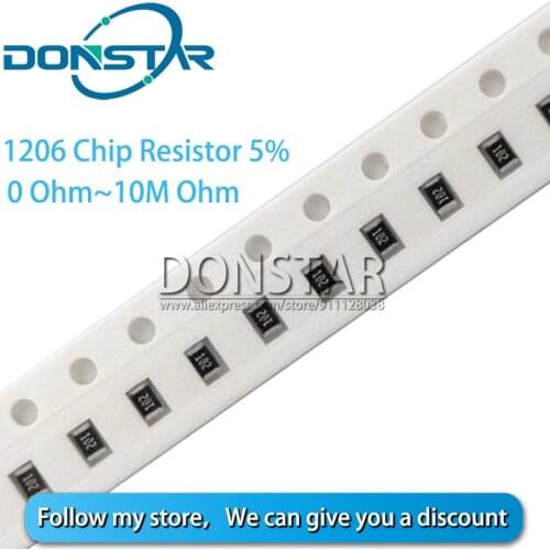 100PCS 1206 SMD Resistor 5% 0R ~10M 1/4W 0 1 10 100 150 220 330 470 ohm 1K 10K 100K 150K 220K 470K 1R 10R 100R 150R 220R 330R 1M