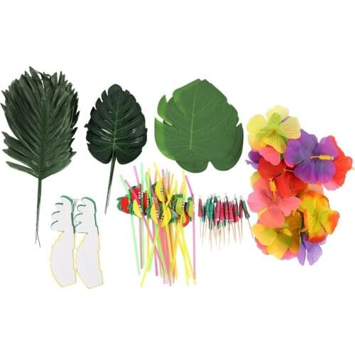 107 Pcs Tropical Party Decoration Set with Hawaiian Table Skirt Palm Leaves Hawaiian Flowers Tissue Pineapple Umbrellas and 3D F