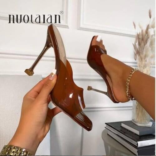 Summer Women sandals Sexy Transparent Heel Slippers Sandal Shoes Woman Thin High Heels Square Toe Sandal Lady Pump Shoes Mules