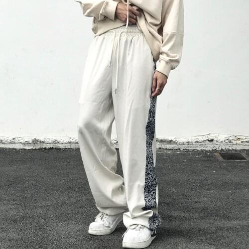 EukaaRu Cashew Stitching Loose Man Straight Pants Mens Fashion Color Matching Elastic Waist Casual Pants Streetwear Sweatpants