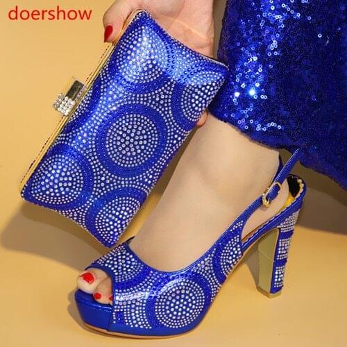 Doershow Free Shipping,Italian Women Shoes And Bags To Match Set Sale Beaded African Matching Shoes And Bag royal blue SJU1-6