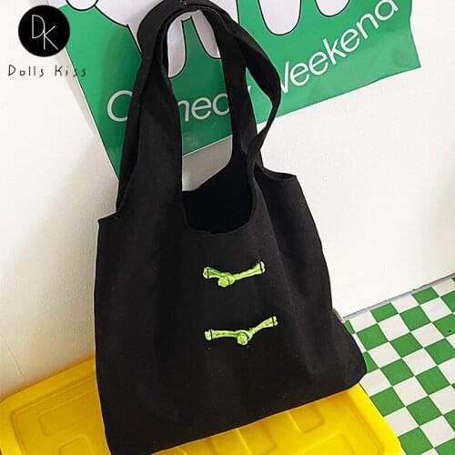 Women Canvas Eco Bag Ladies Retro Y2K Chinese Knot Design Shoulder Bag Black Casual Shopping Bag for Female Girls Travel Totes