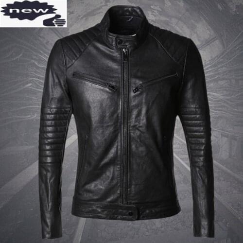 Italy Design High Quality Sheepskin Genuine Leather Mens Punk Jackets Stand Collar Slim Fit Rock Motorcycle Biker Outwear Coat