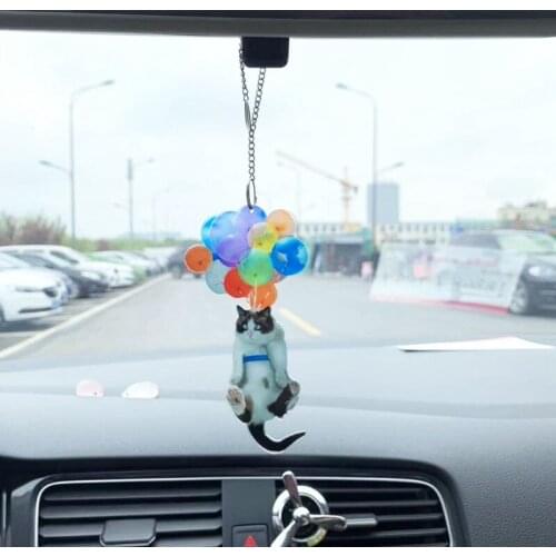 Creative Cute Cat Car Hanging Ornaments With Colorful Balloon Acrylic Rearview Mirror Pendant Car Interior Ornament Decor