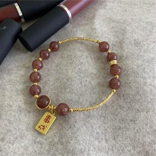 Cute/Romantic New Natural Stone Sun Strawberry Crystal 8mm Round Beads Pendant Bracelet Ladys Christmas Gift Chain 7.5inch Y867