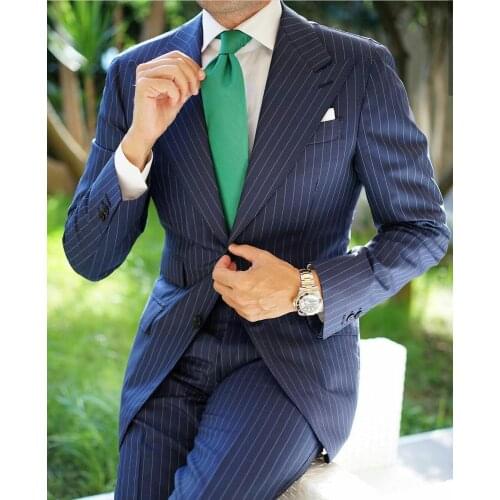 Hot Sale Navy Pinstripe Mens Suits Peaked Lapel Two Button Groom Wedding Business Prom Party Blazer Jacket (Jacket+Pants)