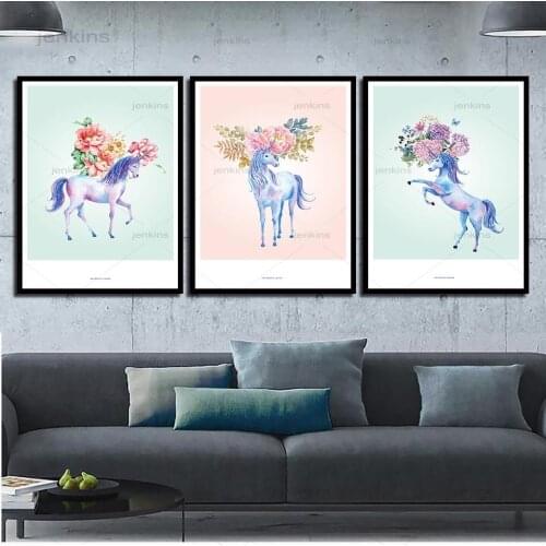 Cartoon Flowers and Horse Wall Art for Living Room Children Baby Girl Bedroom Nordic Minimalist Style Home Decor Canvas Painting