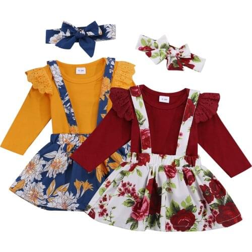 Citgeett Autumn Infant Baby Girls Suit Solid Color Long Sleeve Romper Flower Suspender Skirt and Headband Clothes Set