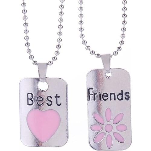 Children Best Friends Pink Necklace Letter Heart Flower Pendant Necklace Friendship Symbol Jewlery Gifts For Kids 10 Set