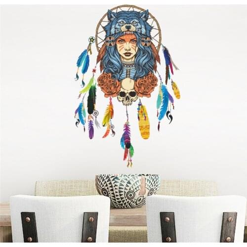 Tribe Girl Portrait Feather Wall Decals Living Room Bedroom Decorative Stickers Indian Style Dream Catcher Skull Totem Mural Art