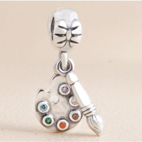 Genuine 925 Sterling Silver Bead Charm Cute Artists Palette With Crystal Pendant Bead Fit Pan Bracelet & Necklace Jewelry