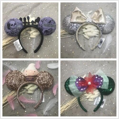 Disney Mickey Minnie Hairband The Haunted Mansion Headdress Ears Sequin Hair-Bands Princess Head Hoop Plush Toy Kid Gift