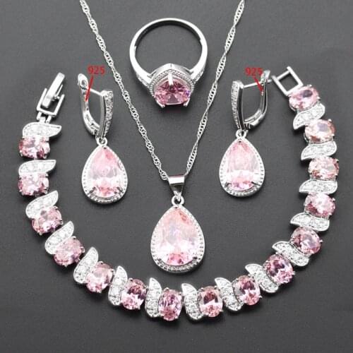 Pink Topaz Necklace Earrings Silver 925 Jewelry Set for Women Earrings Ring Necklace Pendant Wedding Jewelry