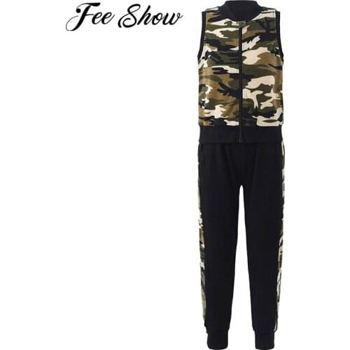 Kids Boys Casual Sport Suit Gym Workout Tracksuits Running Sets Sleeveless Camouflage Print Zipper Vest and Pants Set Sportswear