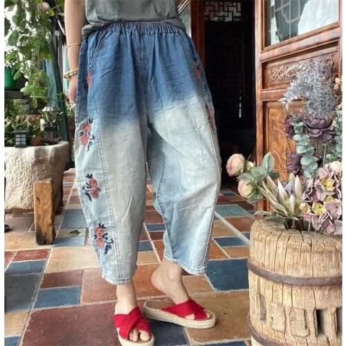 Johnature Women Embroidery Floral Pants Elastic Waist Denim Trouser 2021 Summer New Gradient Color Loose Vintage Cross Pants