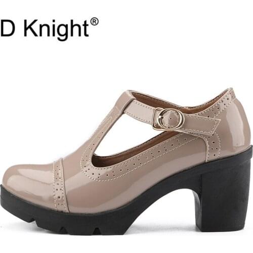 2020 Vintage Ankle T-Strap Women Pumps Retro Round Toe Oxford Shoes For Woman Chunky Heel Patent Leather High Heels Ladies Shoes