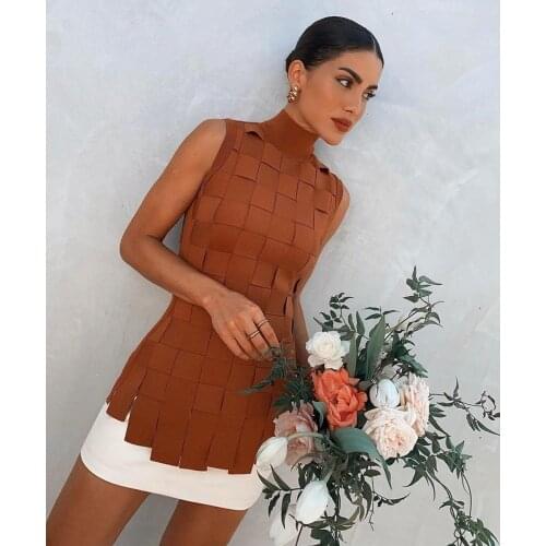 2020 New Fashion Bandage Set 2 Pieces Choker Brown Top Patchwork Sleeveless White Mini Skirts Elegant Sexy Sheath Vestidos