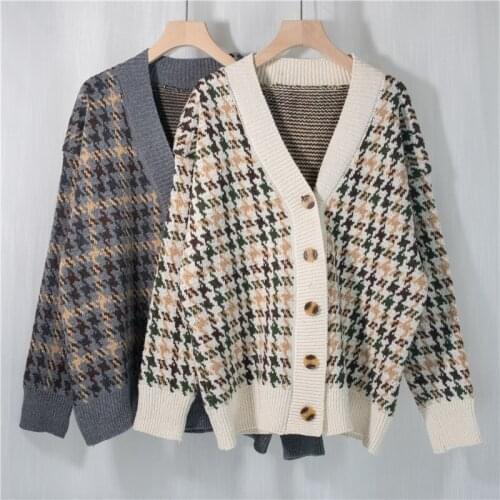 Fashion Women 2021 Spring Autumn Winter Plaid Single Breasted Knitted Sweater Cardigans Female Casual Loose Tricot Oversize S110