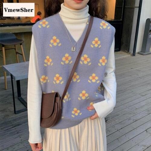 VmewSher New Spring Autumn Women Vest Floral Sleeveless Sweater Tank Female Fashion Flower Knitted Top Sweet Pullover Jumper Top