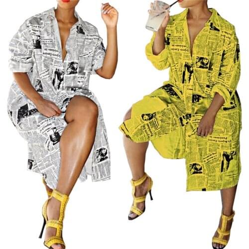 Newspaper Print Long Sleeve Shirt Dress Women Turn-Down Collar Button Up Blouse Dress Ladies Streetwear Oversized Shirt Dress
