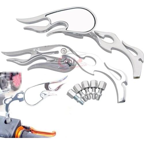 1 Pair New Style Motorcycle Silver Universal Chrome Rearview White Glass Mirrors Fire Flame Stem 8mm 10mm