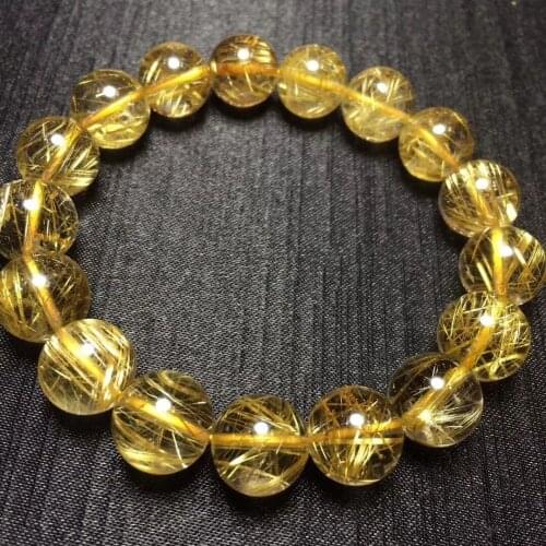 14mm Natural Gold Rutilated Quartz Titanium Stretch Round Crystal Beads Bracelet